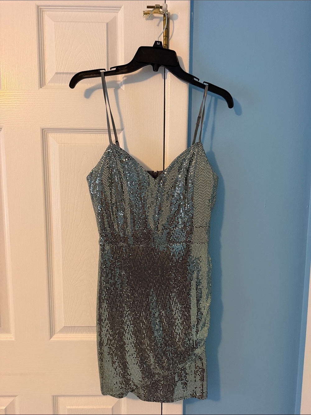Crystal Doll Silver Sequin Spaghetti Strap Mini Dress